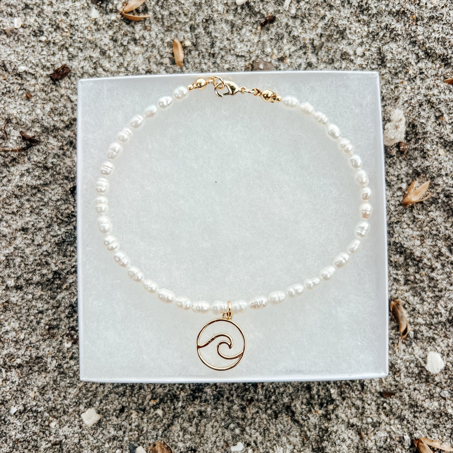 Freshwater Pearl & Gold Wave Charm Anklet