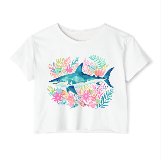 Preppy Shark Crop Tee - White