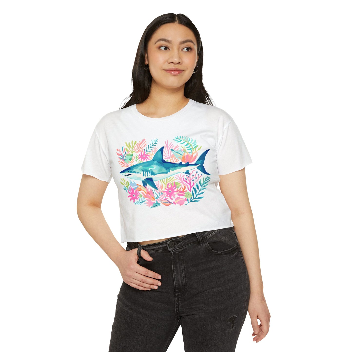 Preppy Shark Crop Tee - White