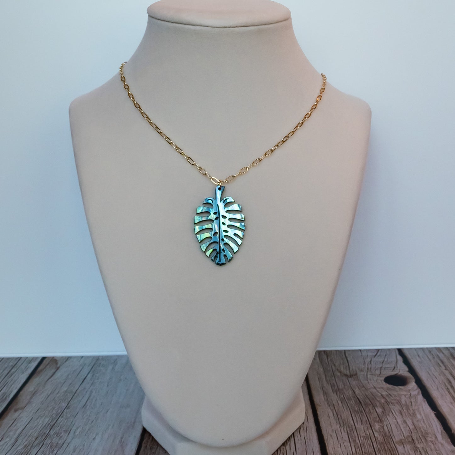 Hand-Carved Abalone Monstera Leaf Necklace