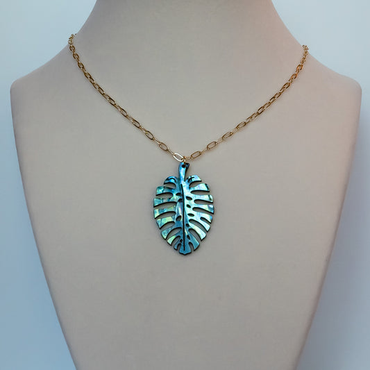 Hand-Carved Abalone Monstera Leaf Necklace