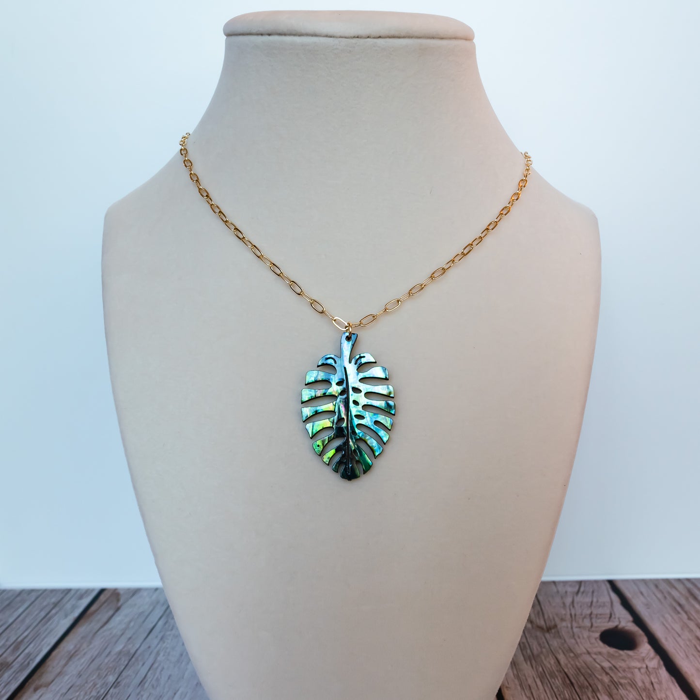 Hand-Carved Abalone Monstera Leaf Necklace