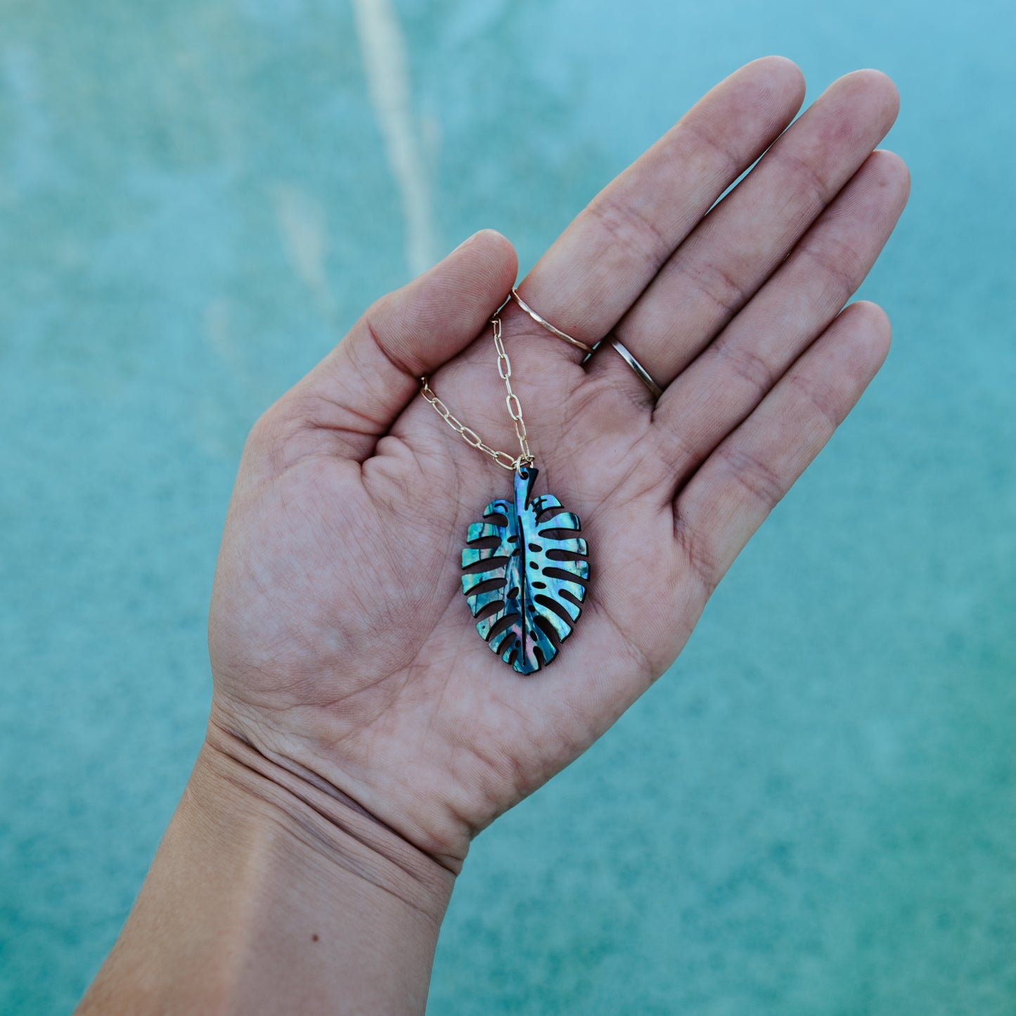 Hand-Carved Abalone Monstera Leaf Necklace