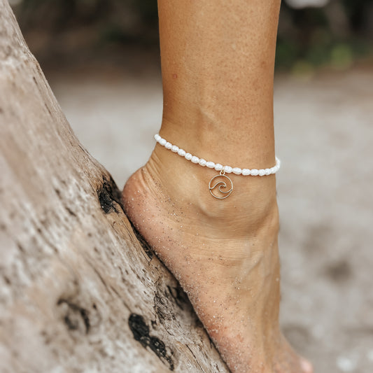 Freshwater Pearl & Gold Wave Charm Anklet