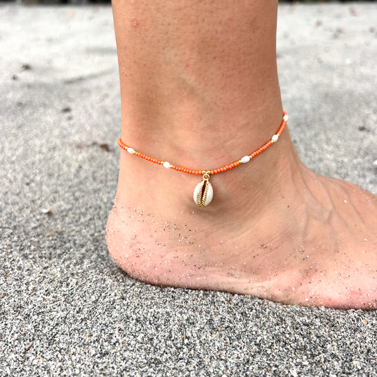 Coral Seed Bead & Cowrie Shell Anklet
